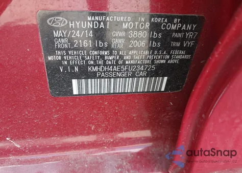 2015 Hyundai Elantra Se from USA, damaged, VIN KMHDH4AE5FU234725